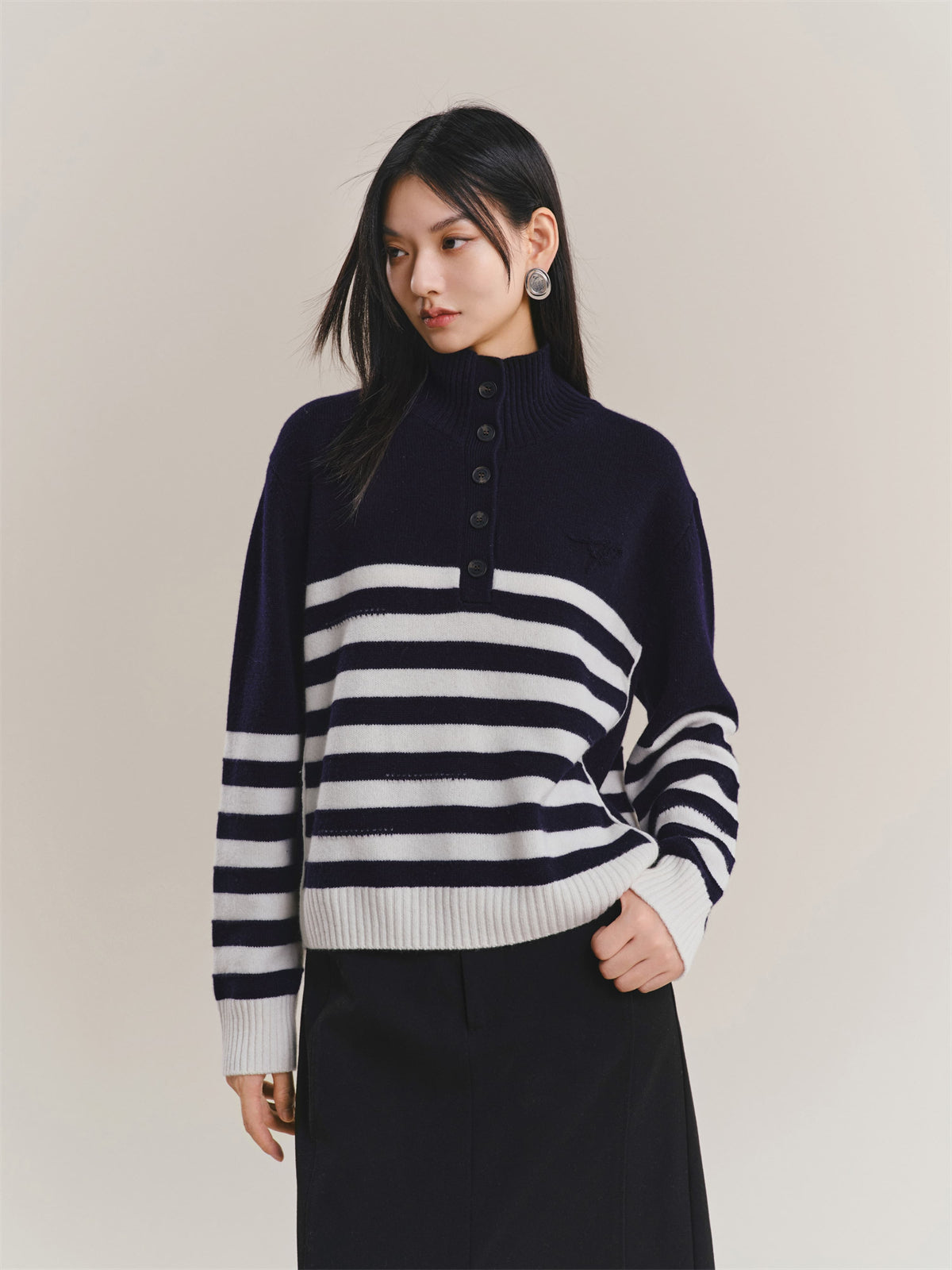 Women's Pure Wool Mock-Neck Striped Sweater