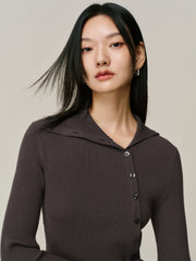 Women's Ribbed Lapel Asymmetric Button Knit Top