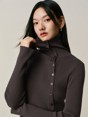 Women's Ribbed Lapel Asymmetric Button Knit Top