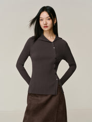 Women's Ribbed Lapel Asymmetric Button Knit Top