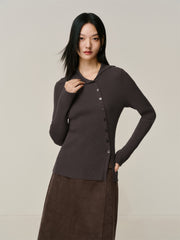 Women's Ribbed Lapel Asymmetric Button Knit Top