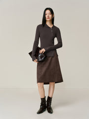 Women's Ribbed Lapel Asymmetric Button Knit Top