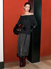 Women's Metallic Off-Shoulder Knit Top with Belt