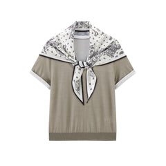 Women's short-sleeve U-neck knit top with scarf