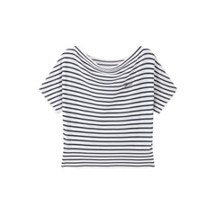 Women's striped off-shoulder waist-cinching short-sleeve top