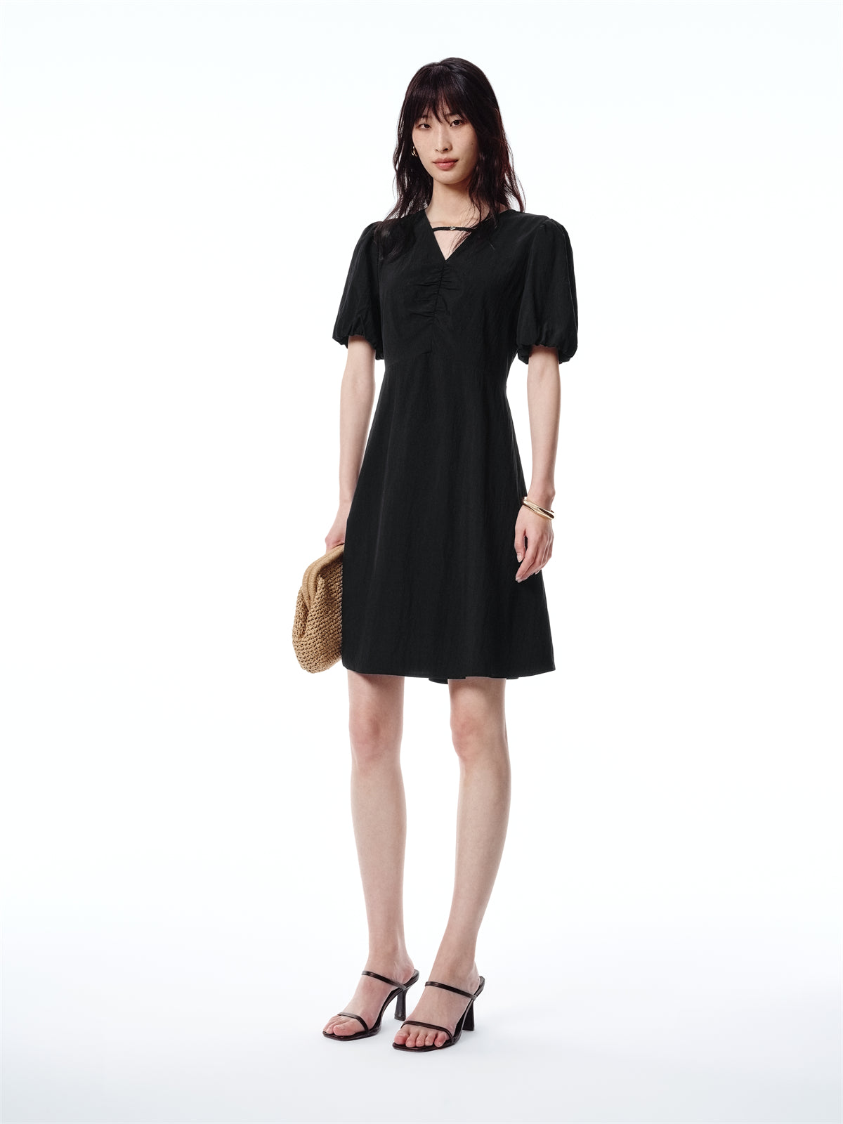 Women's Ruched V-Neck Dress with Back Cutout