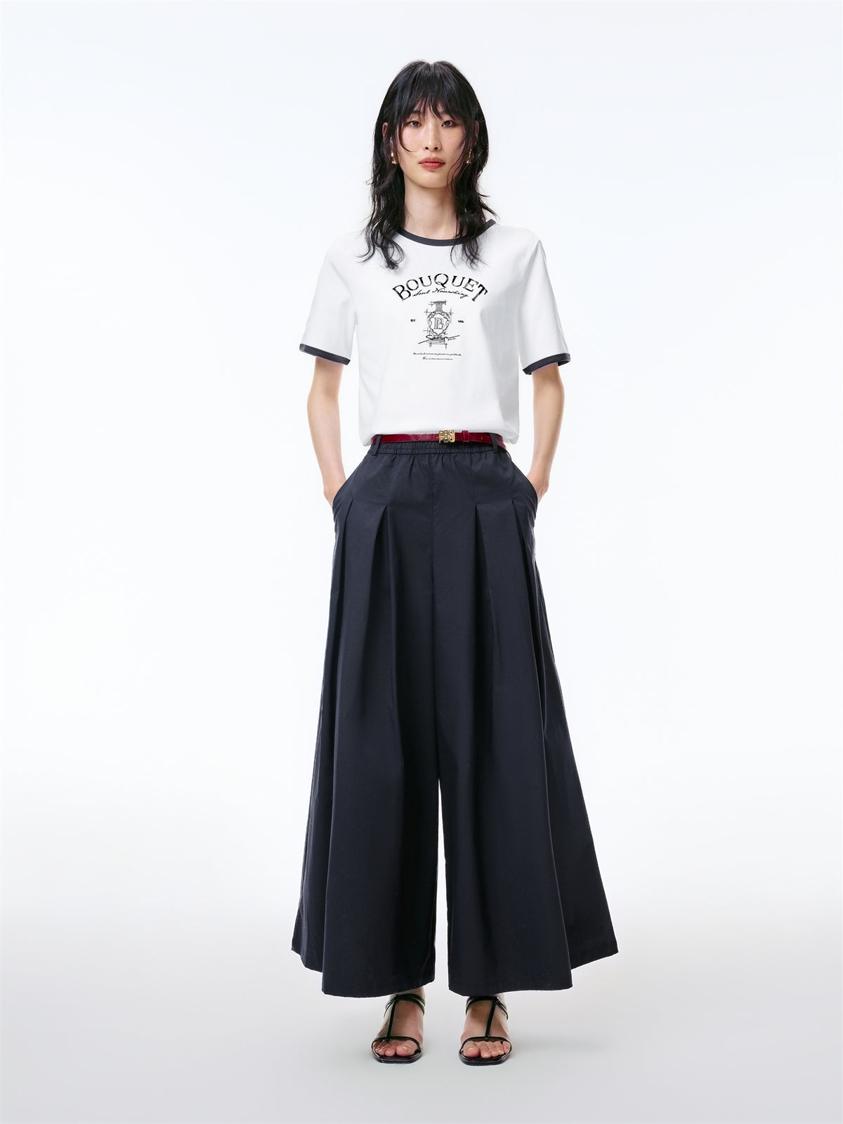Women's Pleated Wide-Leg Pants with Belt