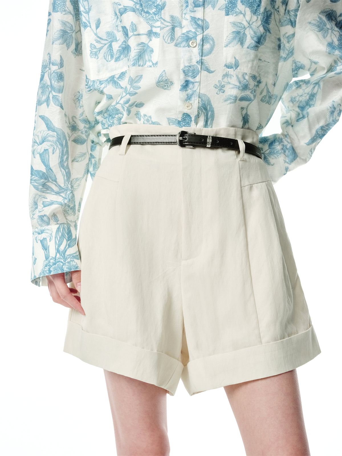 Women's High-Waisted Cuffed Shorts with Belt