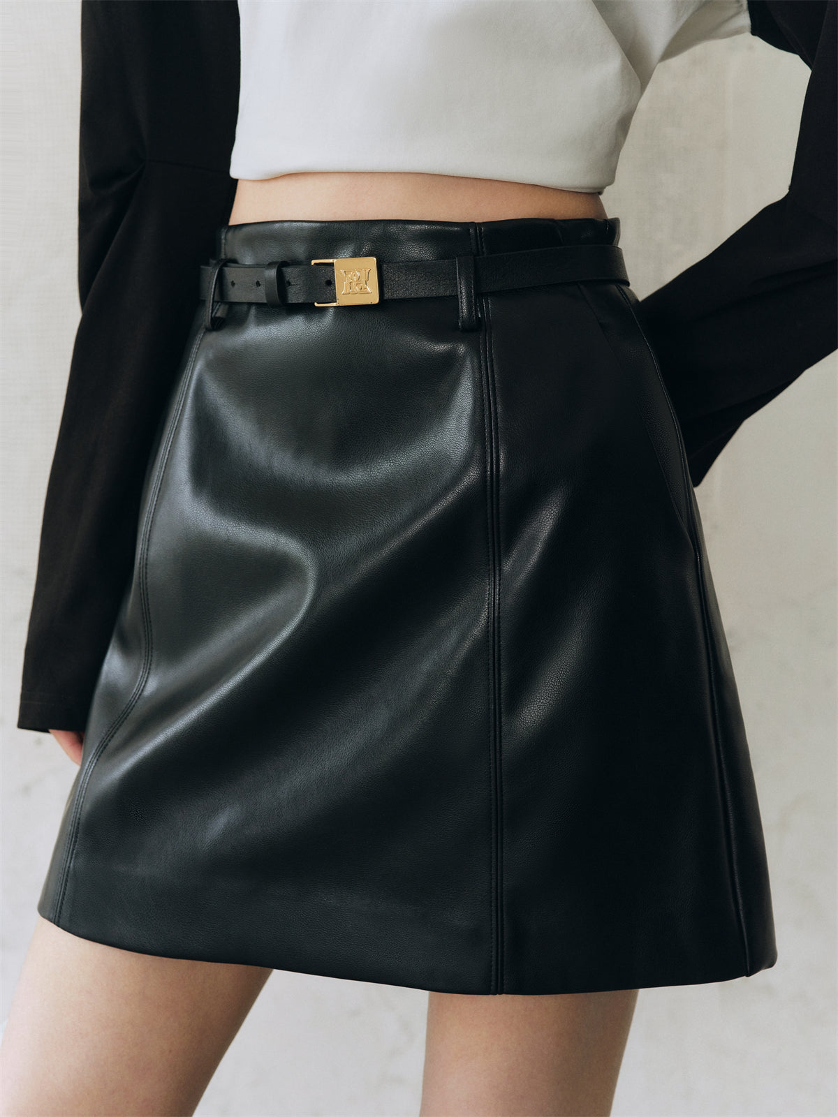 Women's Textured PU Belted Mini Skirt