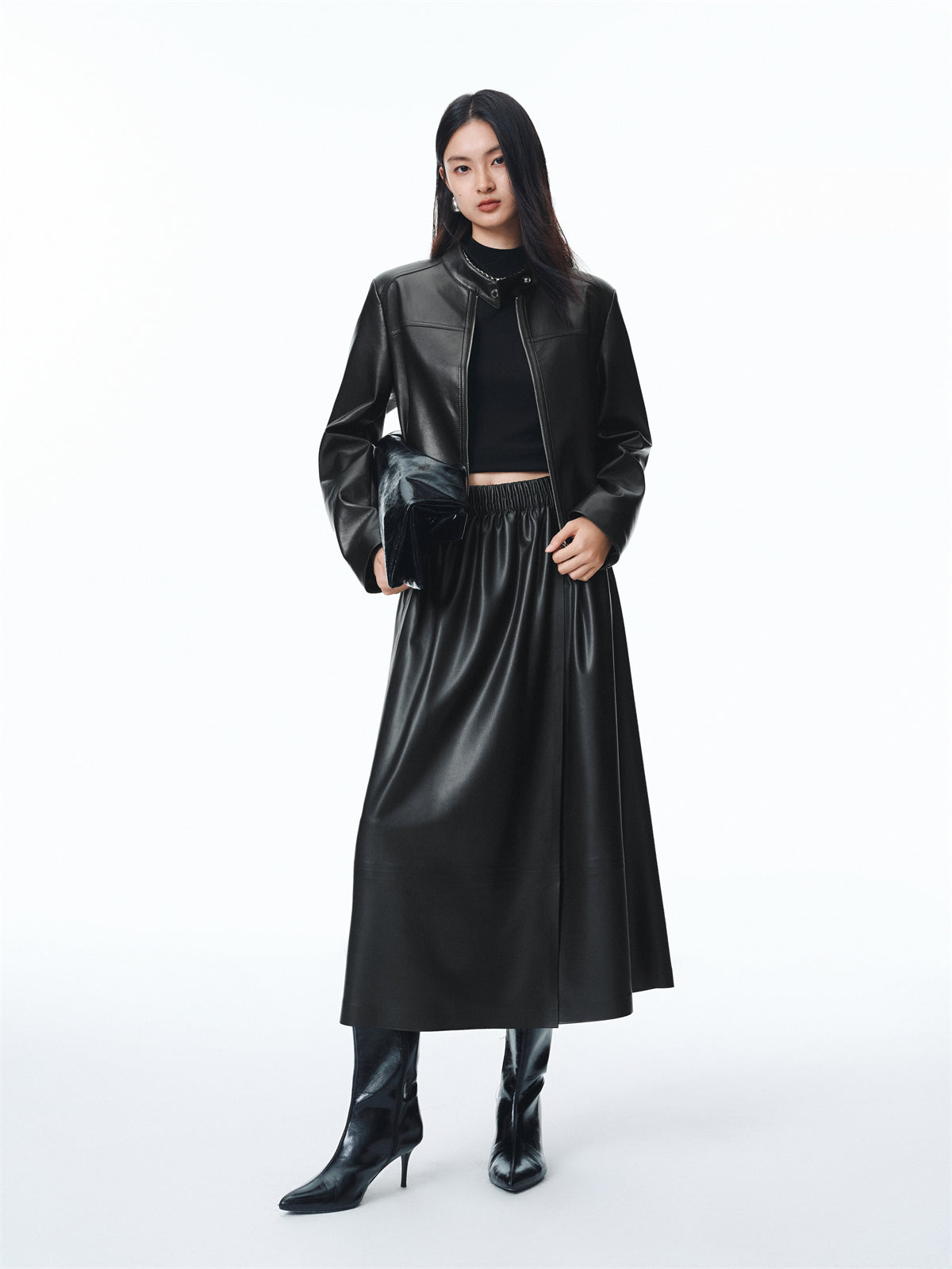 Women's PU Mid-Length Skirt with Elastic Waist