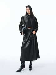 Women's PU Mid-Length Skirt with Elastic Waist