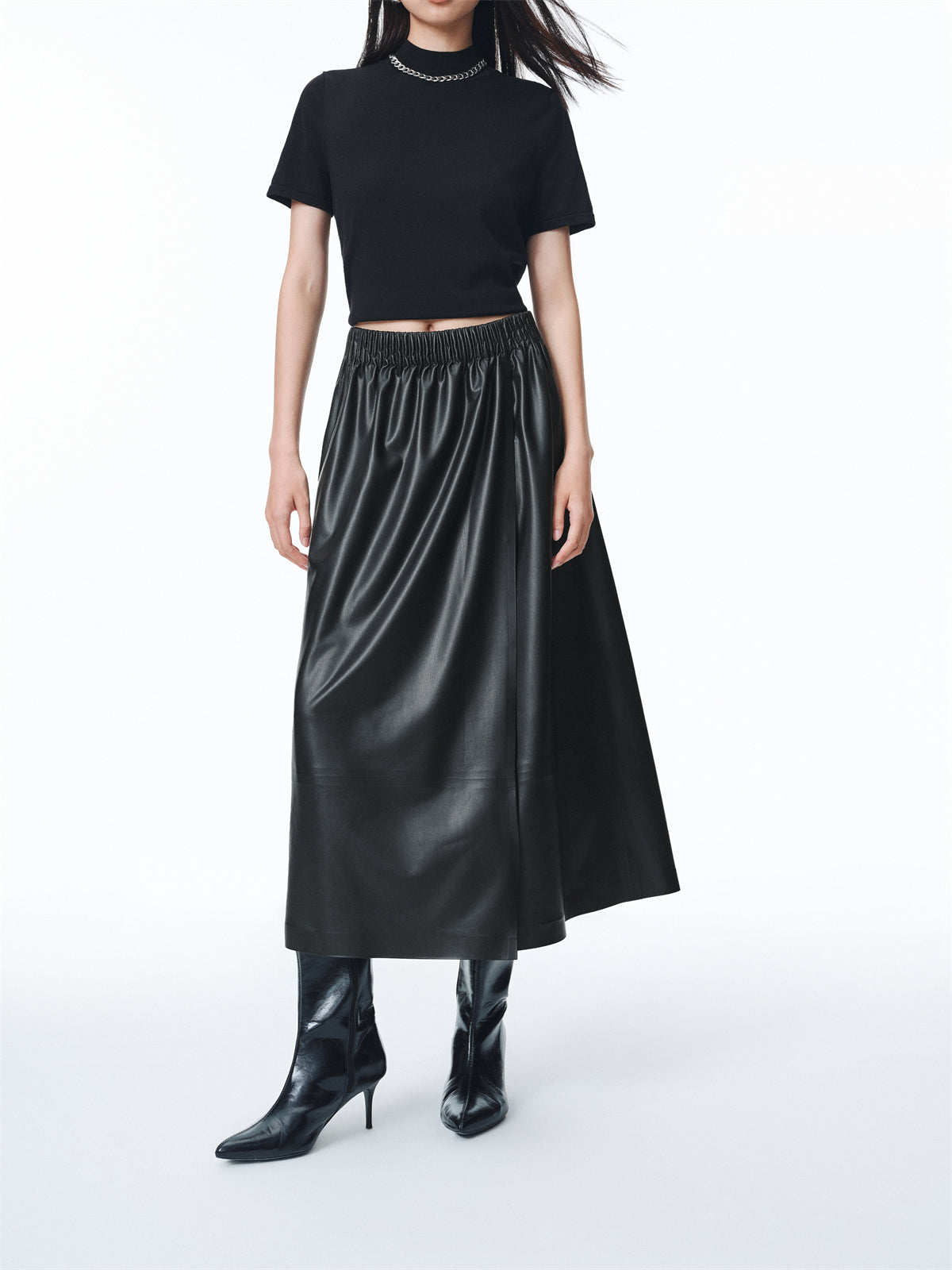 Women's PU Mid-Length Skirt with Elastic Waist