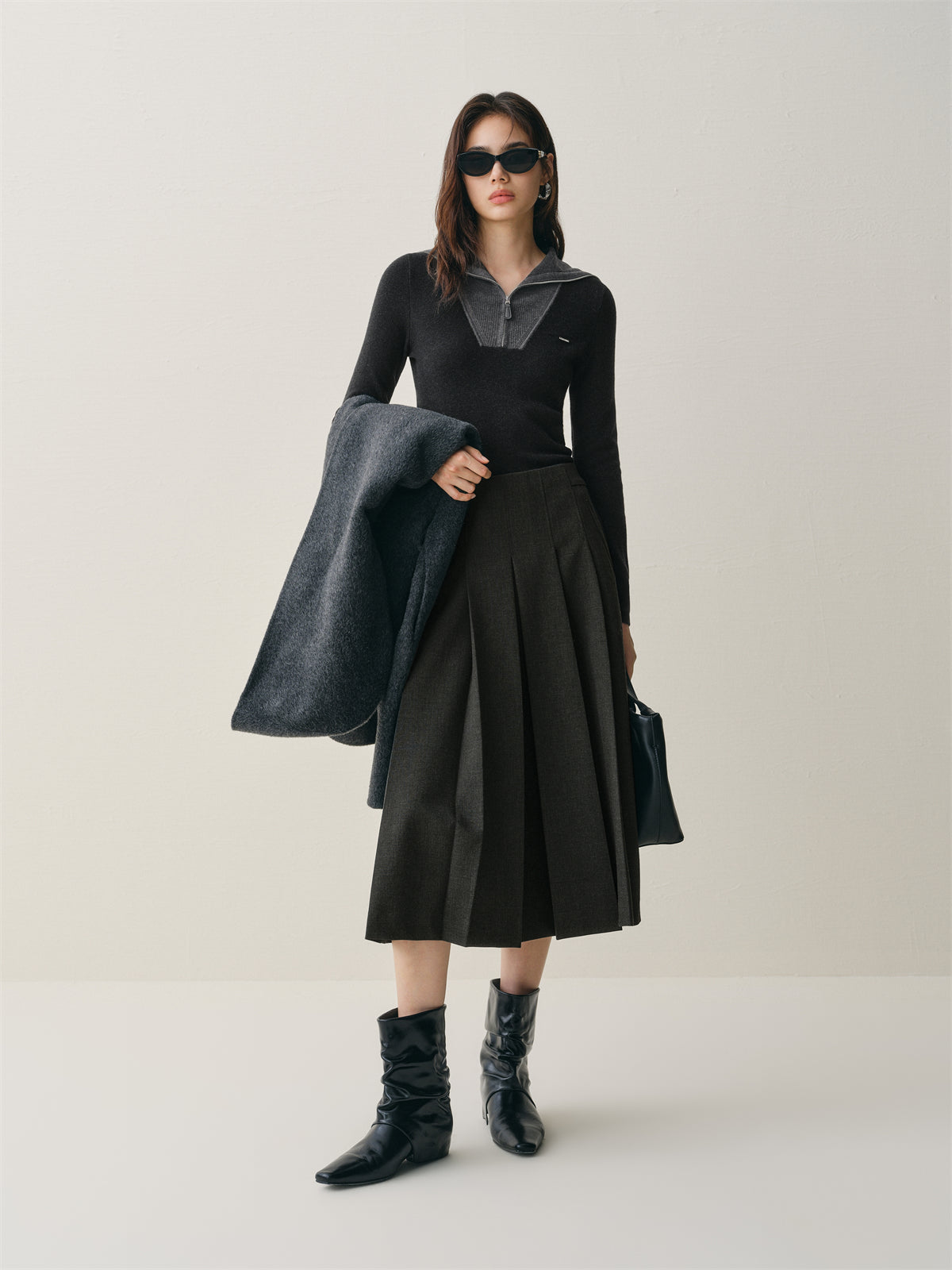 Women's High-Waist Pleated Midi Skirt