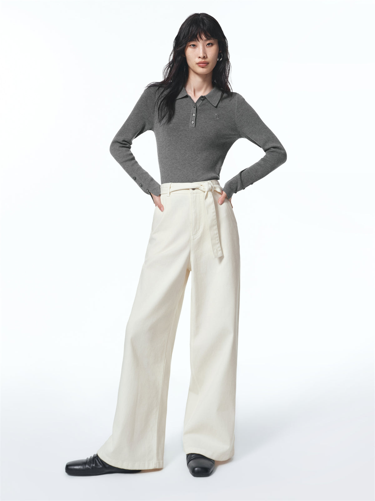 Women's Wide-Leg Jeans with Self-Fabric Belt