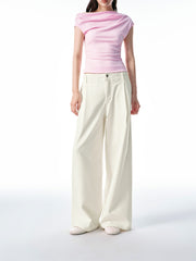 Women's Beige Cotton-Blend Wide-Leg Jeans