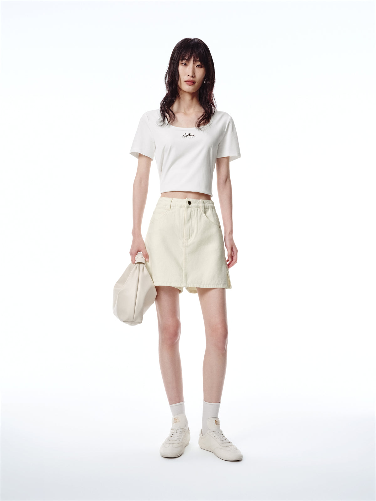 Women's Beige High-Waisted Denim Skort