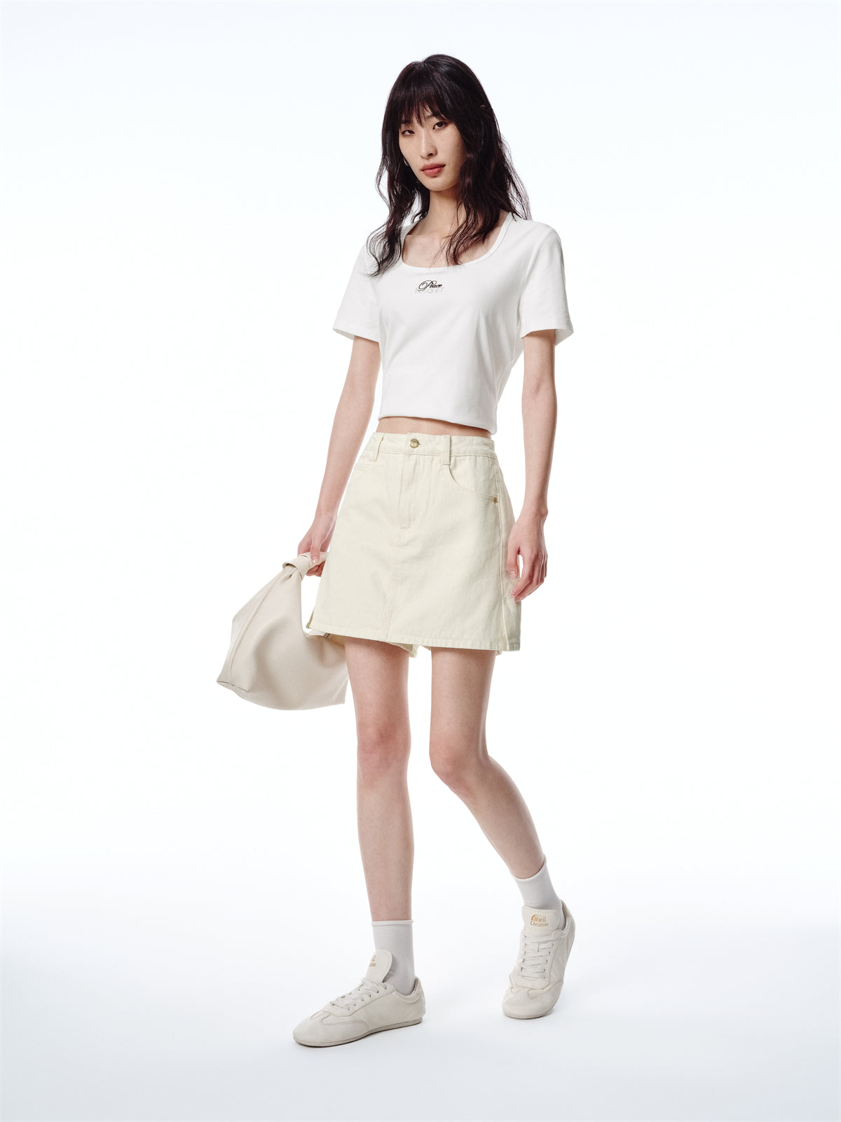Women's Beige High-Waisted Denim Skort