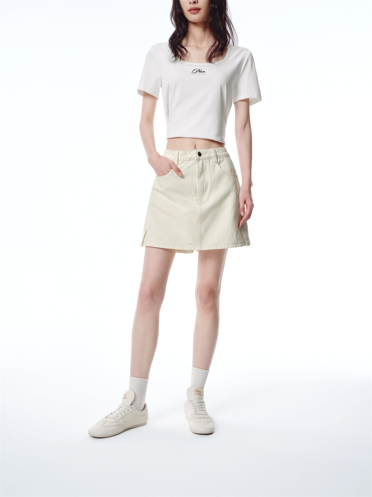 Women's Beige High-Waisted Denim Skort