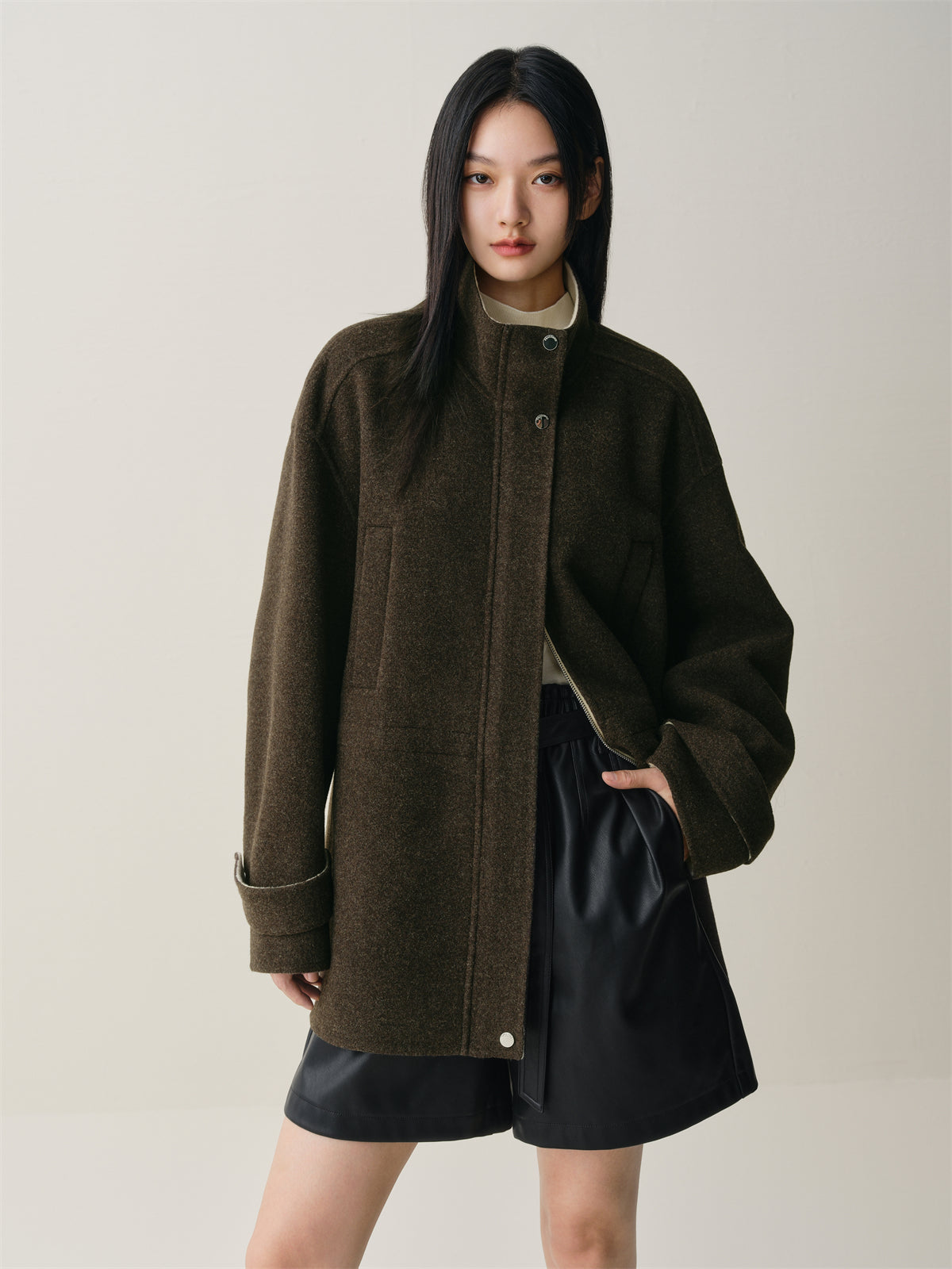 Women's Short Stand-Collar Double-Face Wool Coat