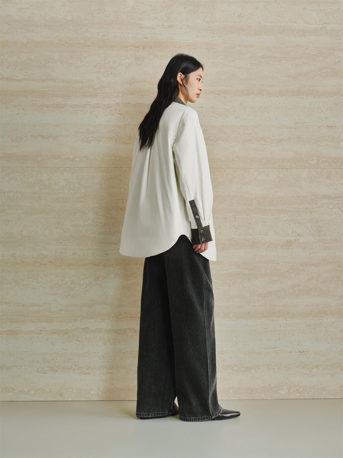Women's Oversized Down Shirt with Denim Panels