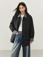 Women's Oversized Down Shirt with Denim Panels