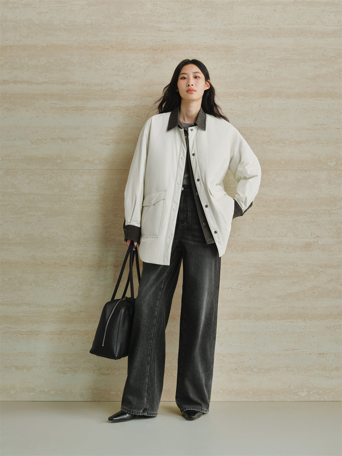 Women's Oversized Down Shirt with Denim Panels