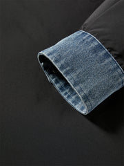 Women's Oversized Down Shirt with Denim Panels
