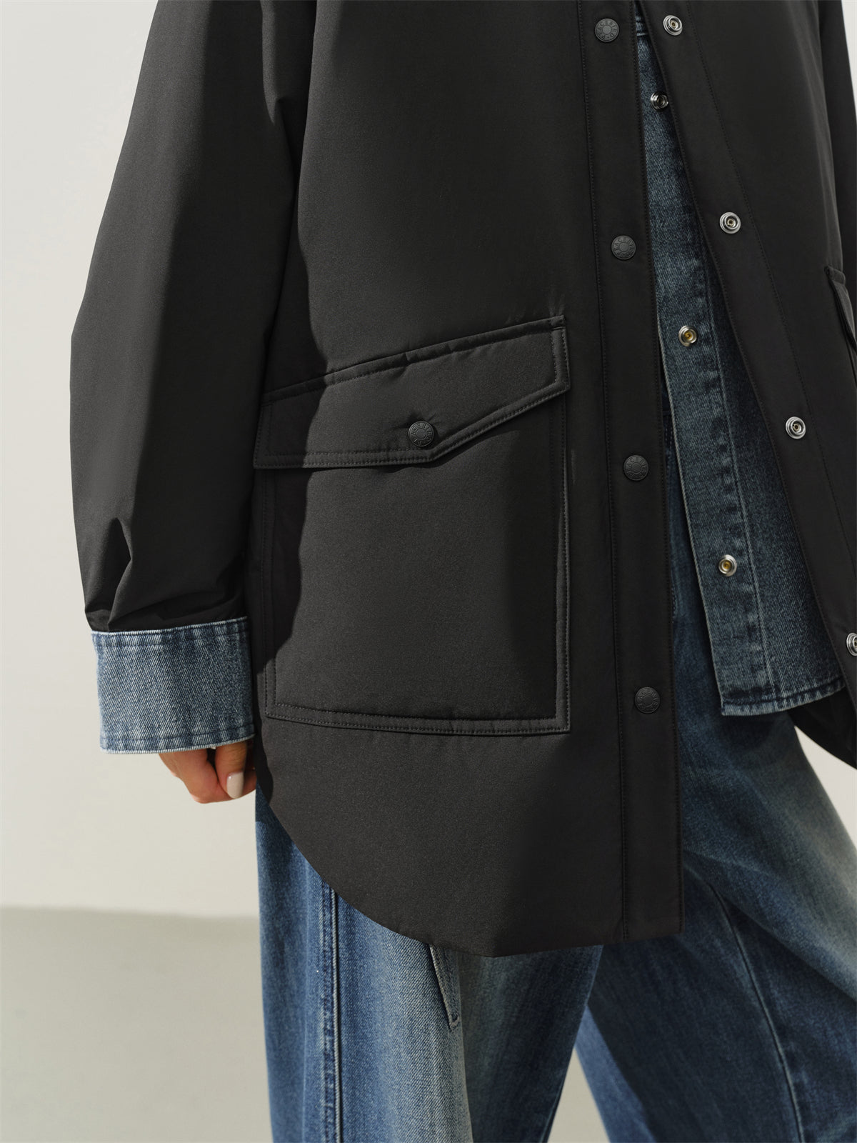 Women's Oversized Down Shirt with Denim Panels