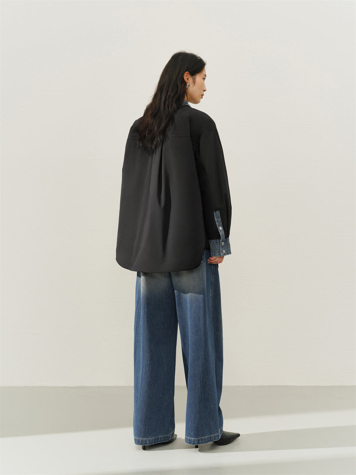 Women's Oversized Down Shirt with Denim Panels