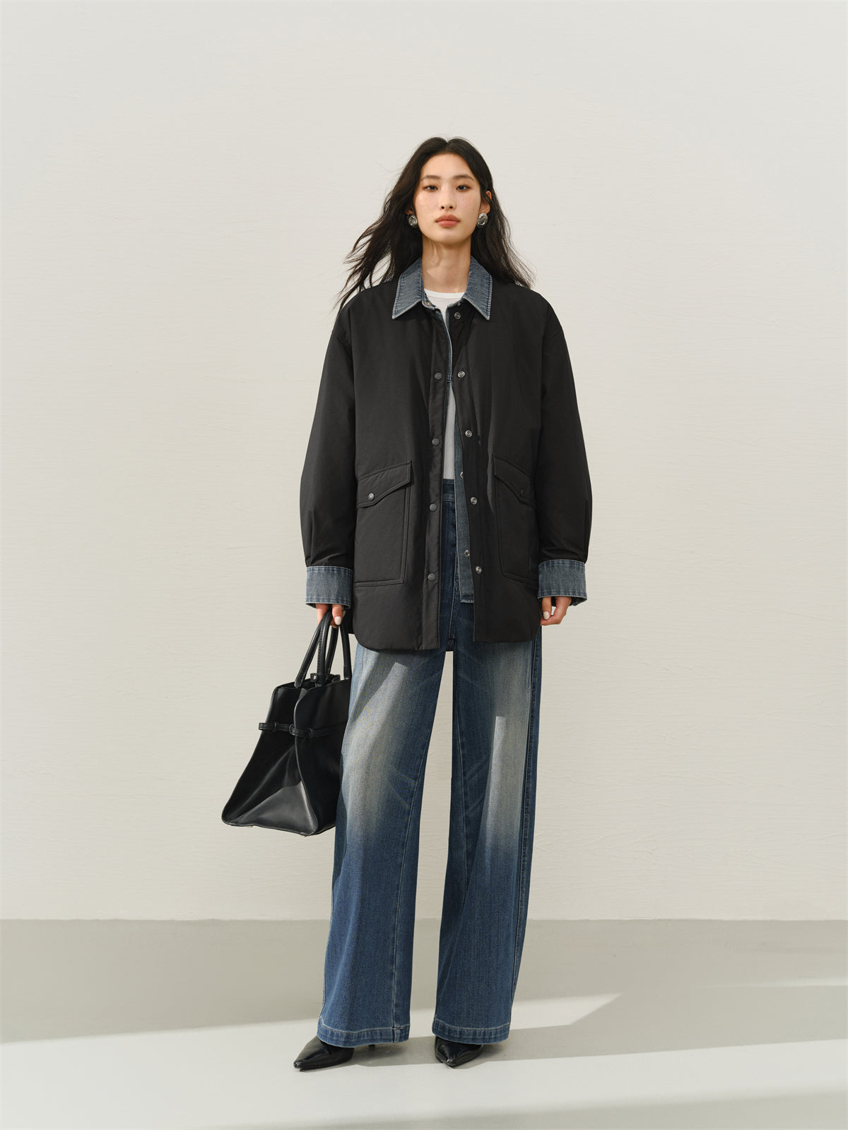 Women's Oversized Down Shirt with Denim Panels