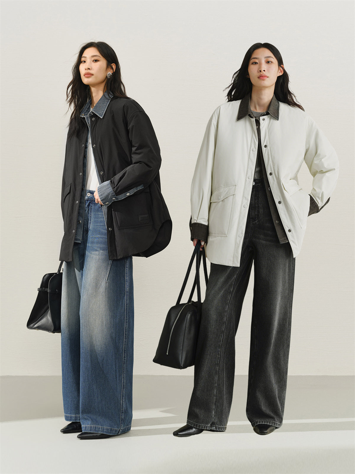 Women's Oversized Down Shirt with Denim Panels