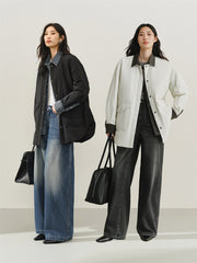 Women's Oversized Down Shirt with Denim Panels