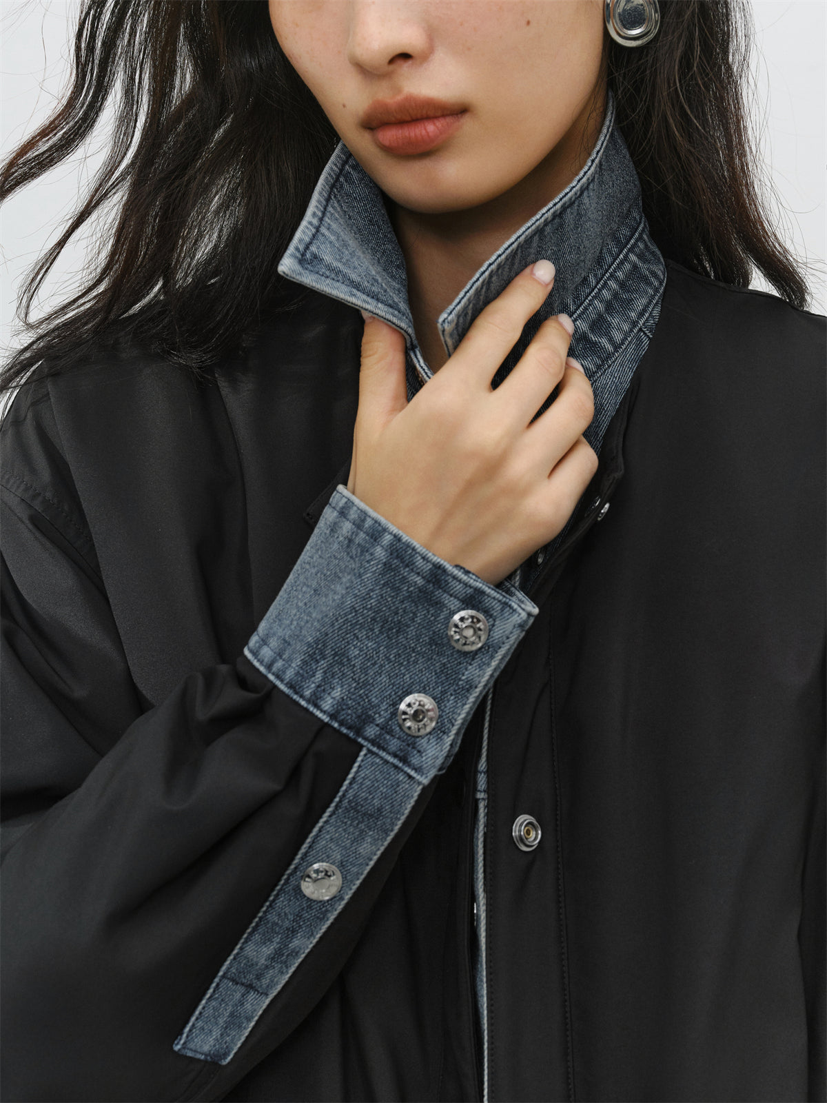 Women's Oversized Down Shirt with Denim Panels