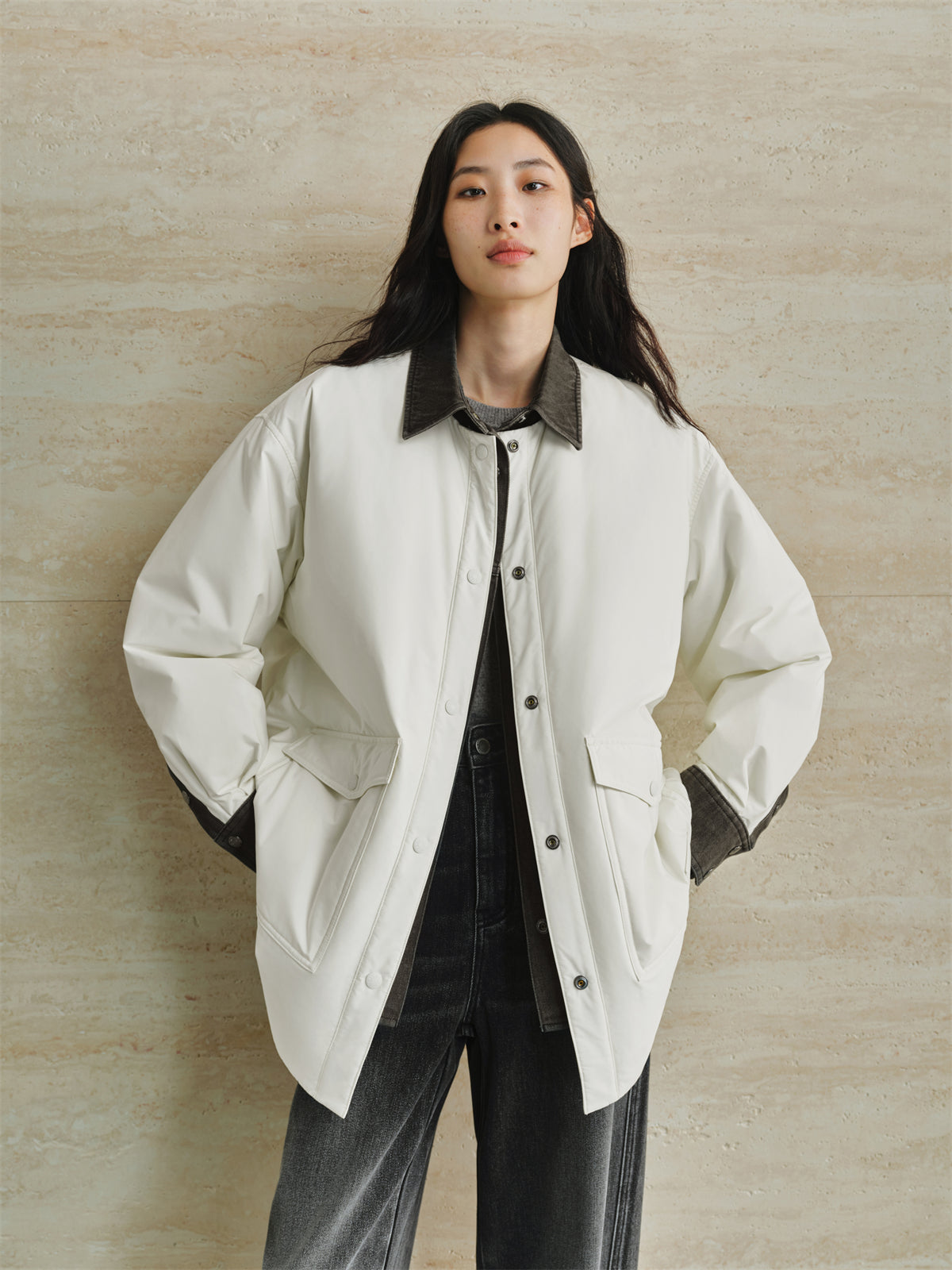 Women's Oversized Down Shirt with Denim Panels