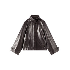 Women's Vintage  Waxed Genuine Leather Stand-Collar Jacket