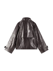 Women's Vintage  Waxed Genuine Leather Stand-Collar Jacket