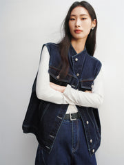 Women's Oversized Denim Vest with Statement Buttons