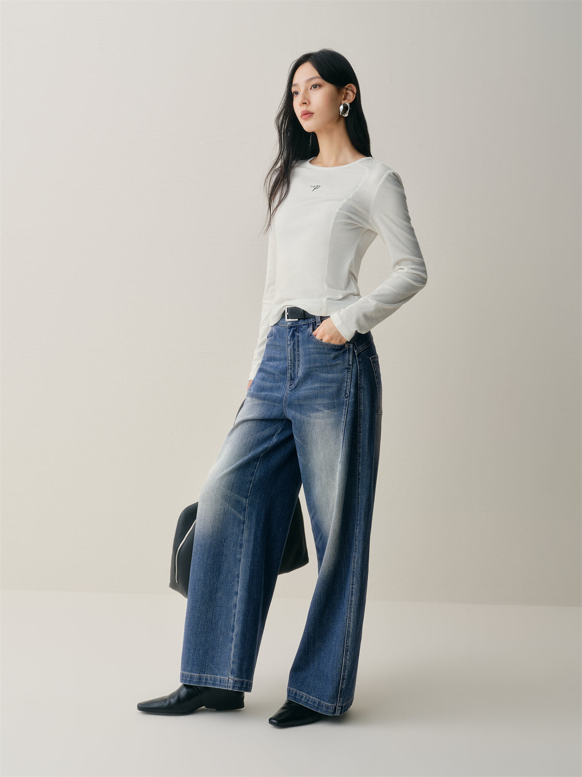 Women's Short Tonal Panel Tencel Long-Sleeve T-Shirt