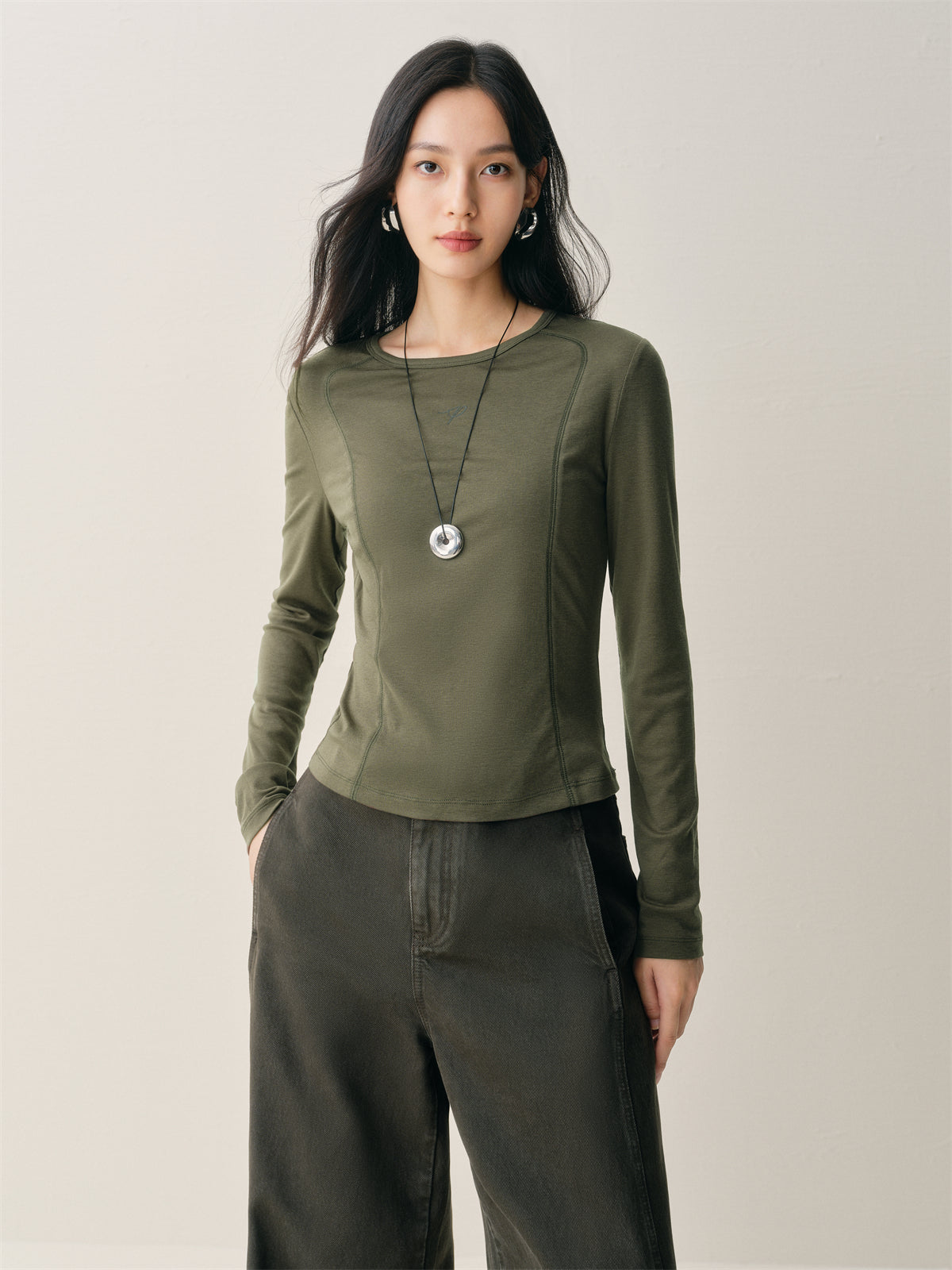 Women's Short Tonal Panel Tencel Long-Sleeve T-Shirt
