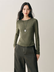 Women's Short Tonal Panel Tencel Long-Sleeve T-Shirt
