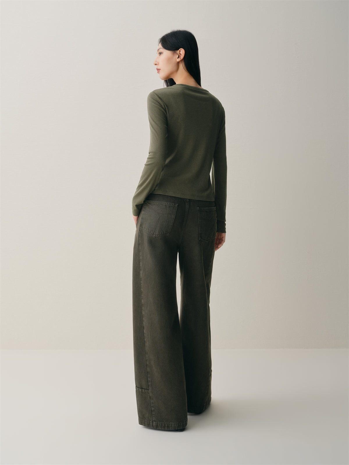 Women's Short Tonal Panel Tencel Long-Sleeve T-Shirt