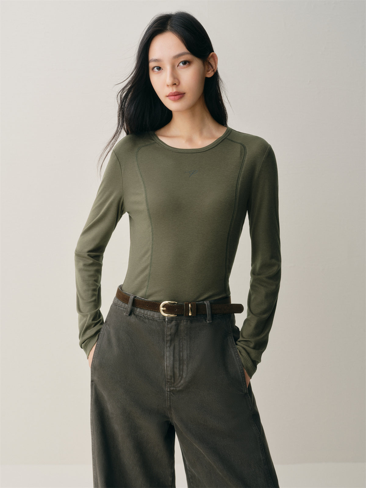 Women's Short Tonal Panel Tencel Long-Sleeve T-Shirt