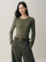 Women's Short Tonal Panel Tencel Long-Sleeve T-Shirt