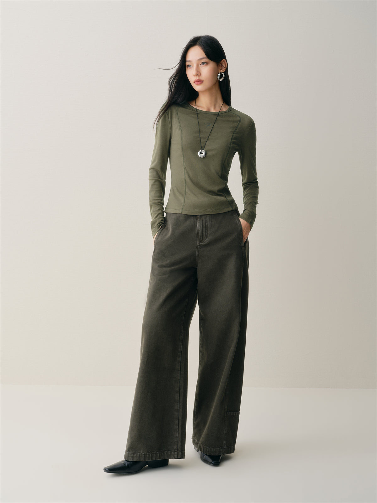Women's Short Tonal Panel Tencel Long-Sleeve T-Shirt