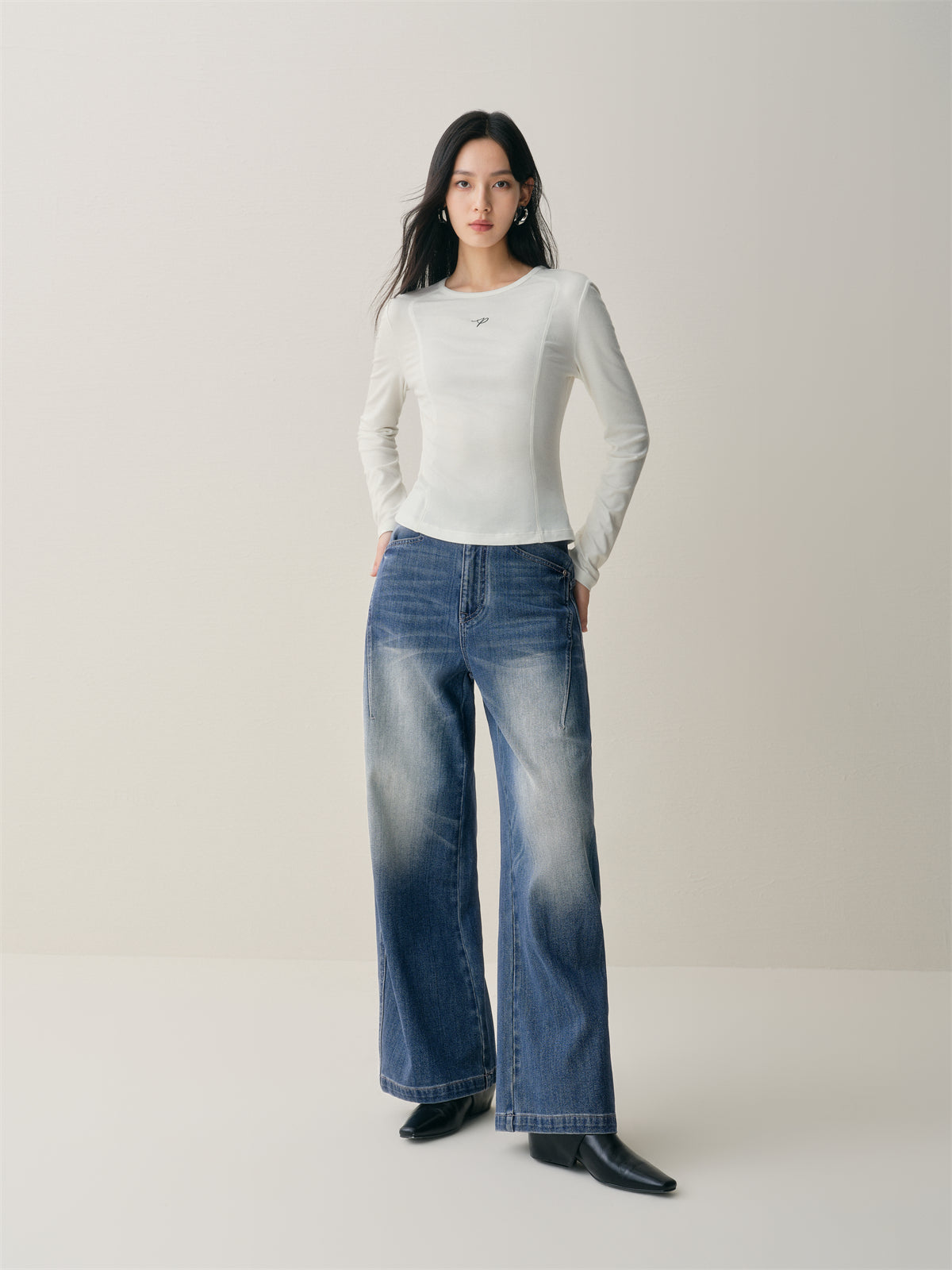 Women's Short Tonal Panel Tencel Long-Sleeve T-Shirt