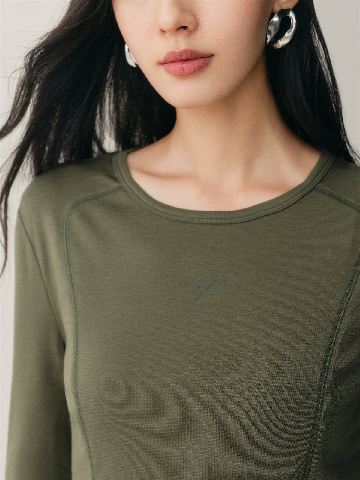 Women's Short Tonal Panel Tencel Long-Sleeve T-Shirt
