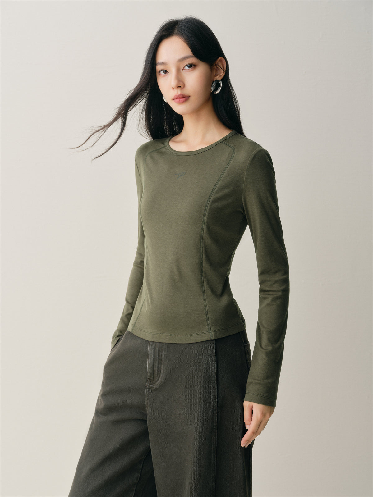 Women's Short Tonal Panel Tencel Long-Sleeve T-Shirt
