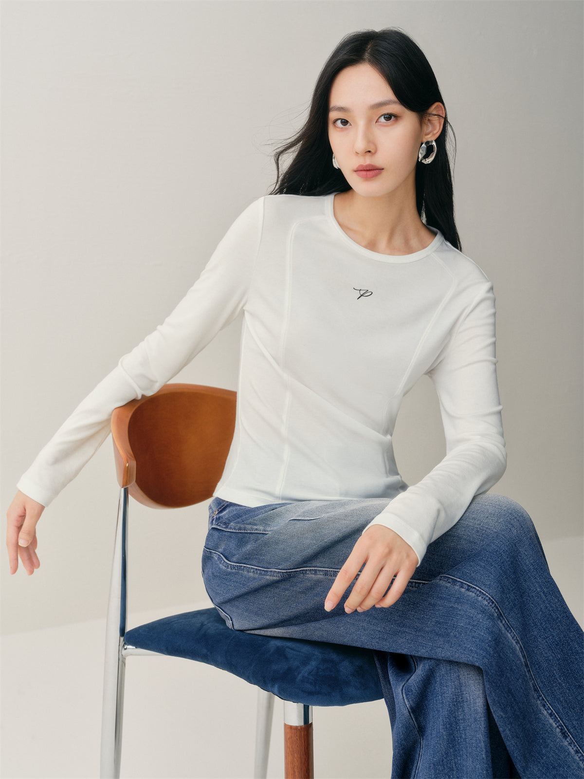Women's Short Tonal Panel Tencel Long-Sleeve T-Shirt