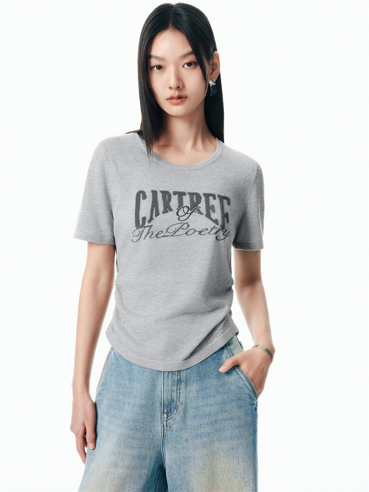 Women's Shirred Knit Top with Chenille Embroidery