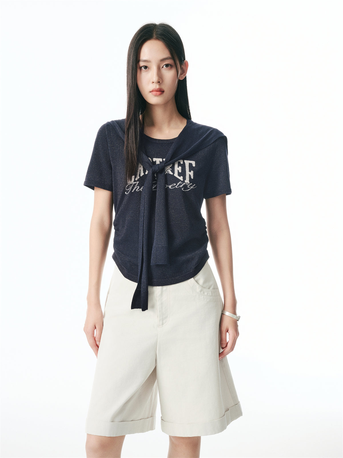 Women's Shirred Knit Top with Chenille Embroidery